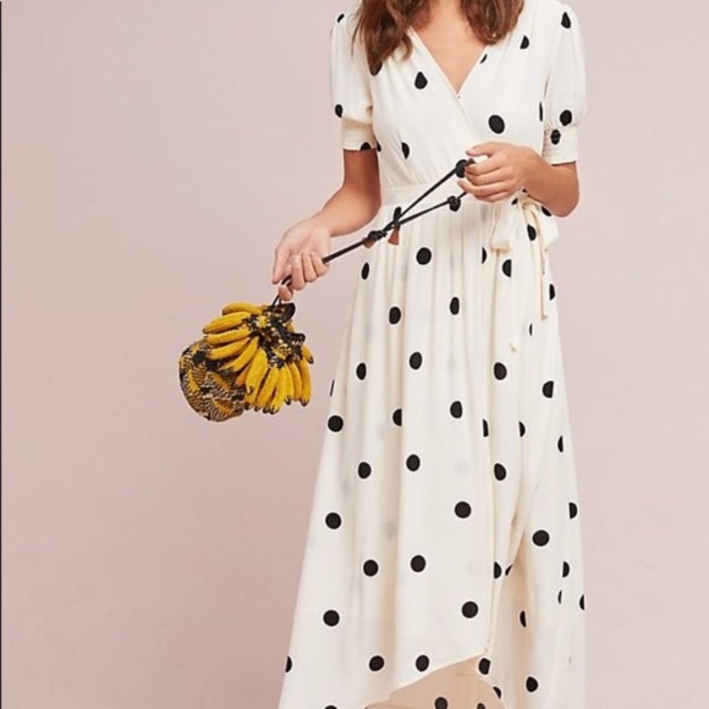 Maeve by Anthropologie White and Black Polka Dot Faux Wrap Midi Dress